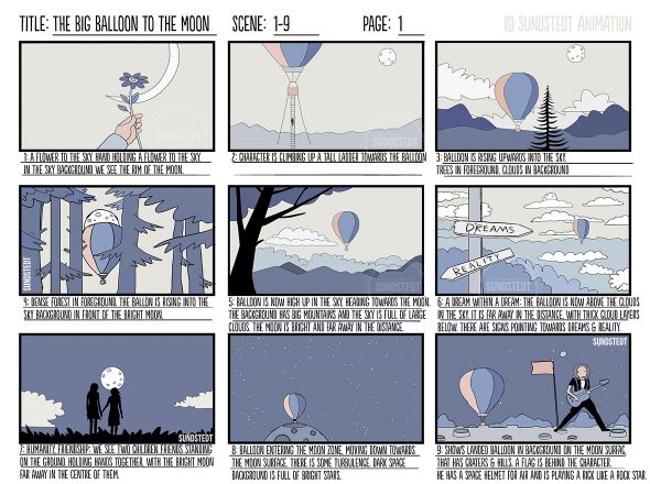 Storyboard sheet for how we make you an explainer video by Sundstedt Animation, titled The Big Balloon to the Moon, showing nine panels of scene sketches and visual planning.