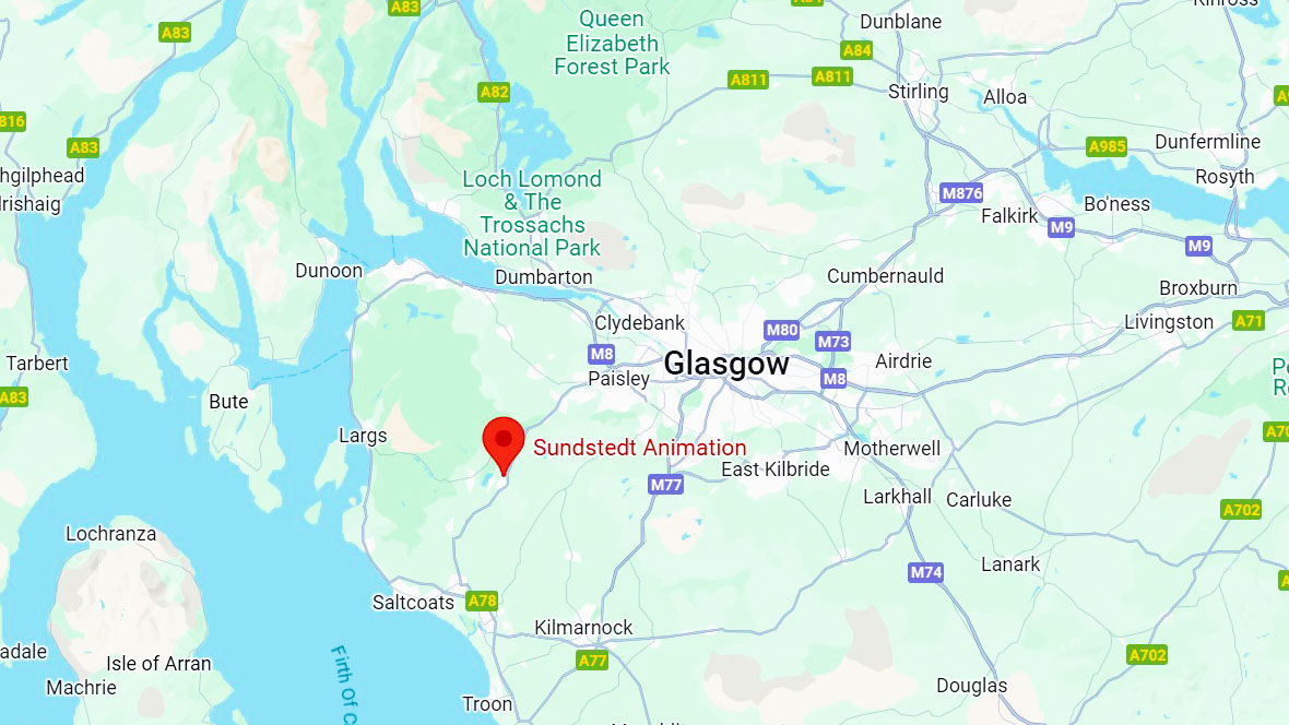 Map showing Sundstedt Animation studio location, Beith, Scotland