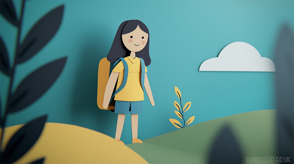 paper cutout animation featuring illustrated characters built from layered shapes